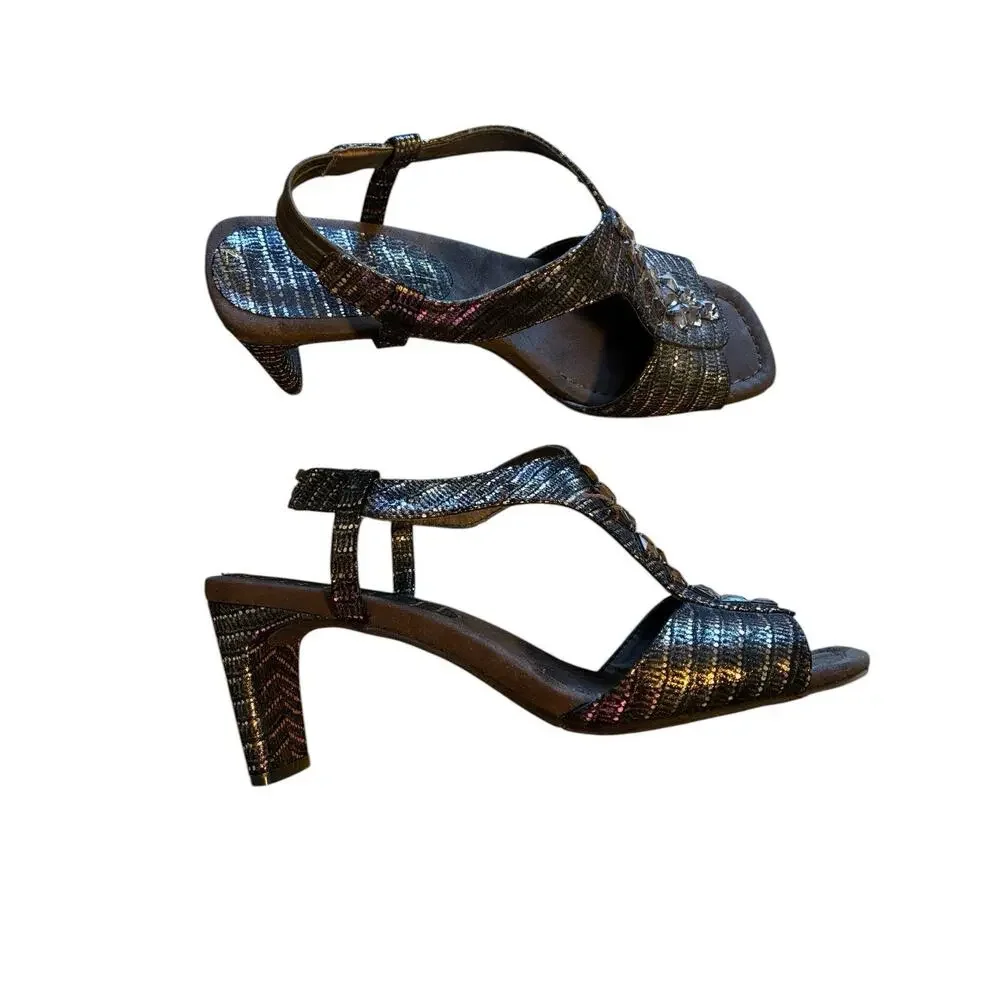 Bronze Snakeskin Block Heels Gems Jeweled Dress Sandals Slingback Suede 7 1/2